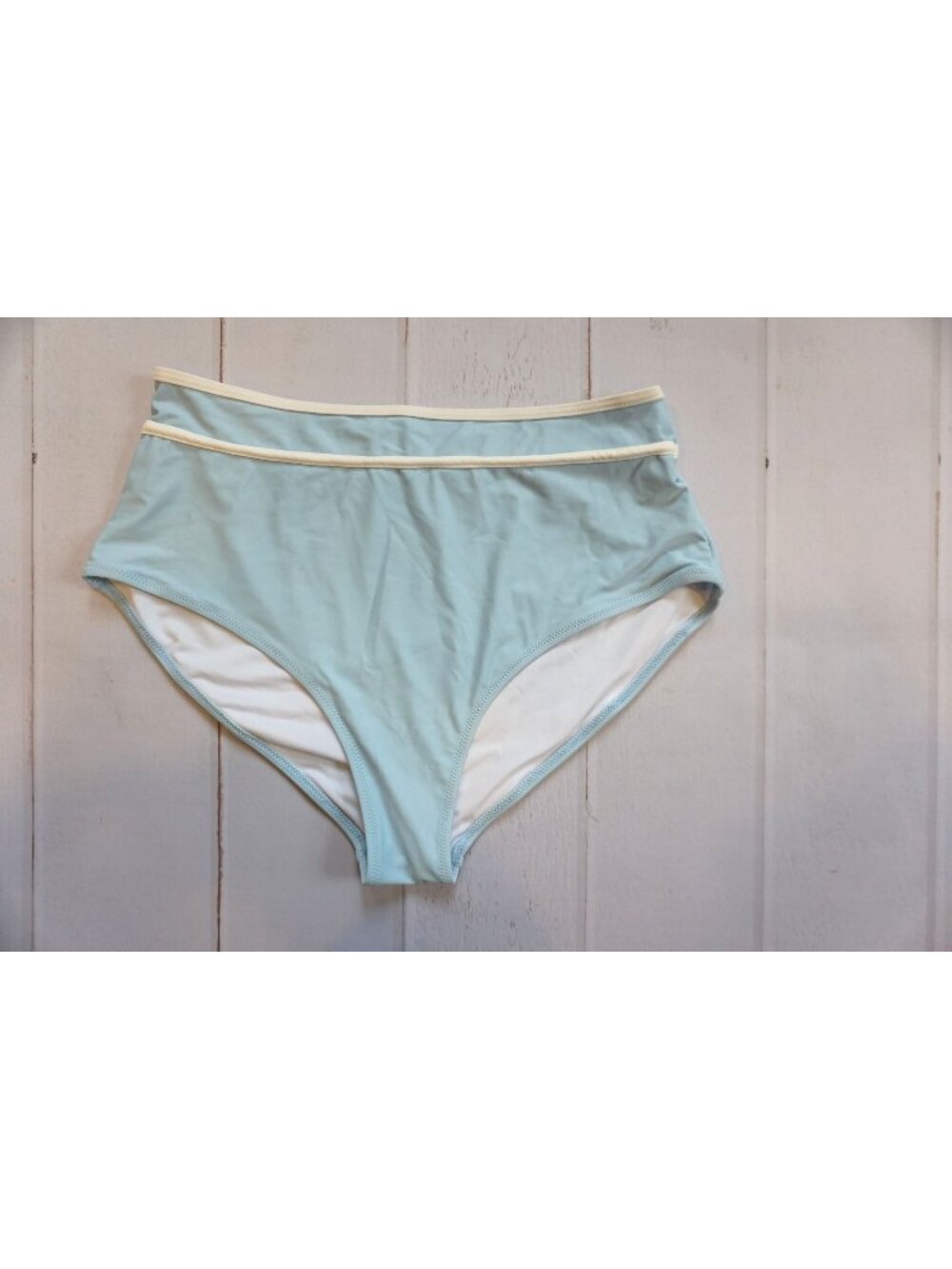 High Waisted Bikini Bottom Light Blue White Trim – Size L, NWOT